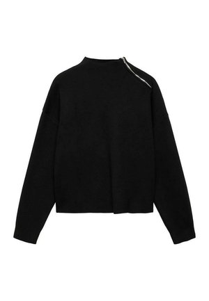 Black cropped sweater made of soft fabric with long sleeves. Features a zip closure on the back neckline. Smooth texture, minimalist design.