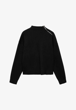 Pulover scurt negru dintr-un material moale, cu mâneci lungi. Are un închidere cu fermoar la gâtul din spate. Textură netedă, design minimalist.