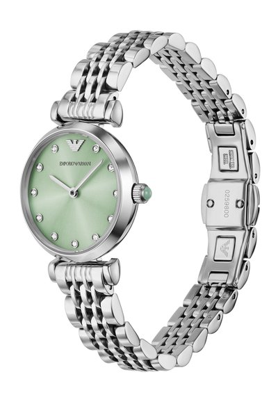 Stříbrné nerezové hodinky se zaobleným mátově zeleným ciferníkem, krystalovými markerem a texturovaným náramkem s nasazovacím zapínáním.
