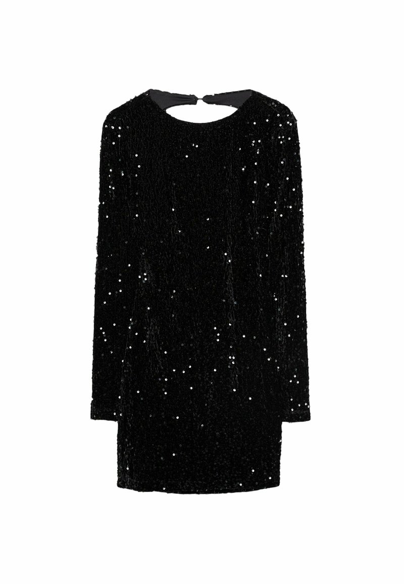 Schwarz langärmliges Kleid mit strukturierter Oberfläche, verziert mit verstreuten Pailletten. Es hat einen runden Ausschnitt und eine Bindeschließe im Rücken.