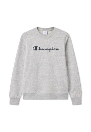Hellgraues Champion Sweatshirt mit langen Ärmeln, gerippten Bündchen und Saum, mit einem marineblauen Champion-Logo, das mittig auf der Brust platziert ist.