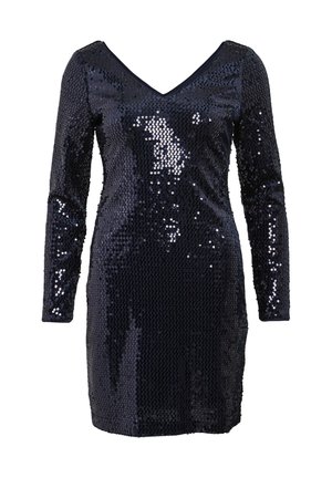 Marineblaues Paillettenkleid mit tiefem V-Ausschnitt, langen Ärmeln und taillierter Silhouette. Die Textur ist glänzend und reflektierend mit einer glatten Oberfläche.