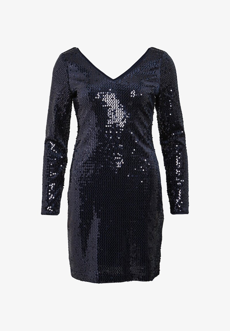 Marineblaues Paillettenkleid mit tiefem V-Ausschnitt, langen Ärmeln und taillierter Silhouette. Die Textur ist glänzend und reflektierend mit einer glatten Oberfläche.