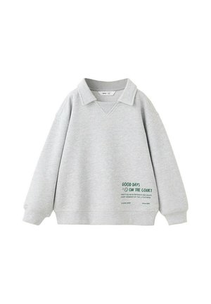 Hellgrauer Pullover mit langen Ärmeln, Kragen und grünem Text unten rechts vorne mit dem Schriftzug "Good days on the court" und einer kleinen Grafik.