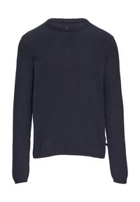 Navy blauwe geribbelde gebreide trui met een ronde hals, lange mouwen en een rechte zoom, met een discreet logotag aan de zijkant.