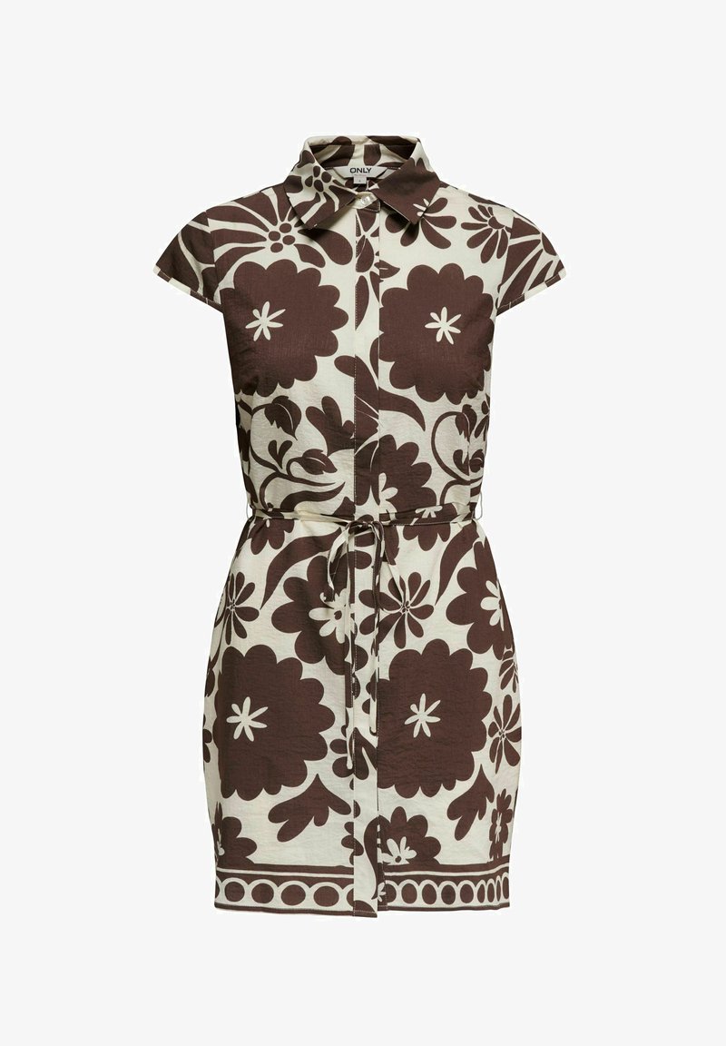 Robe-chemise à manches courtes avec col pointu, boutonnière devant, ceinture à nouer à la taille, grand imprimé floral marron sur tissu beige clair.