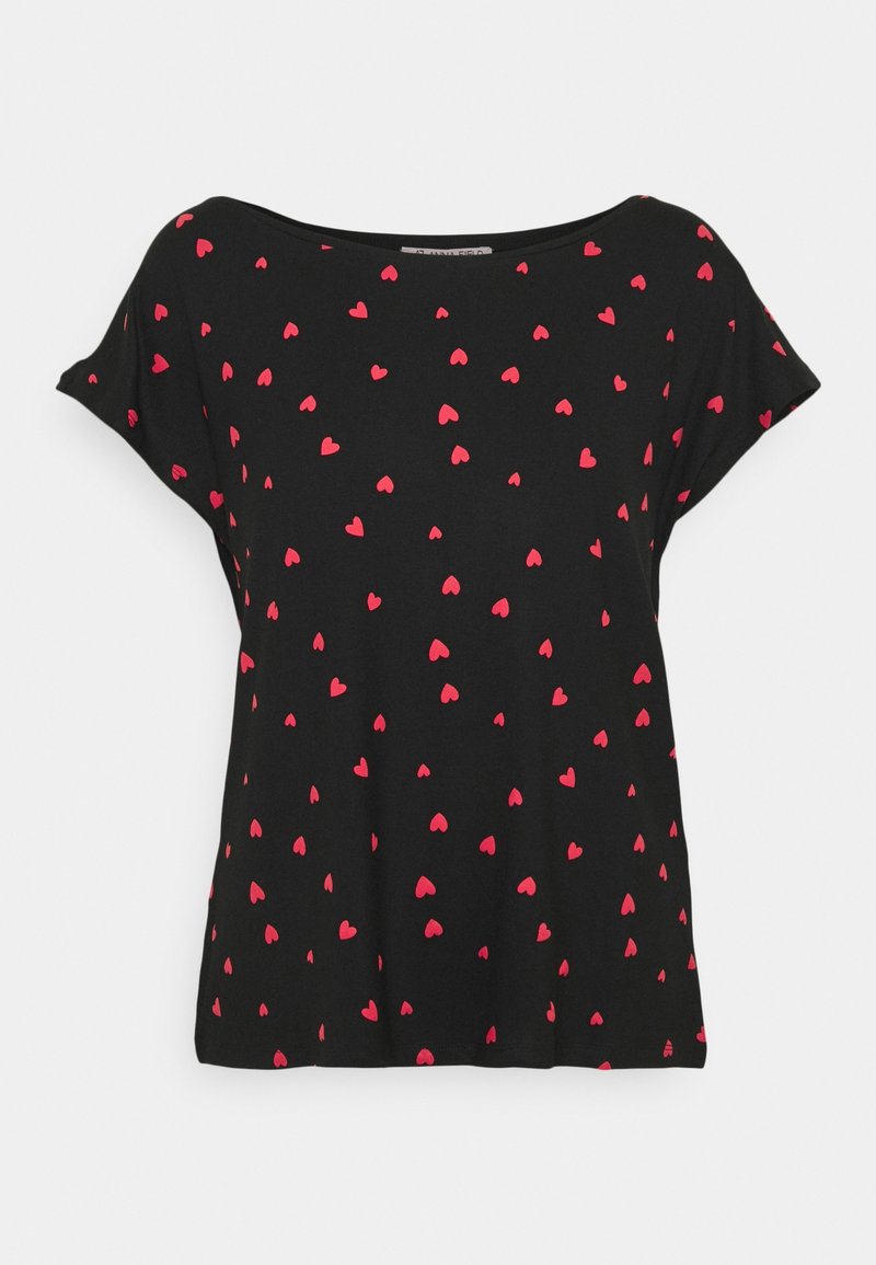 T-shirt noir à coupe décontractée, avec un motif de petits cœurs rouges. Manches courtes et encolure large pour un look décontracté.
