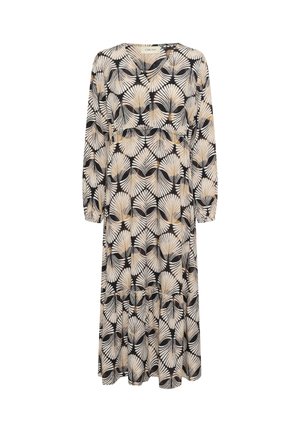 Rochie cu mâneci lungi, având un fundal negru cu un model de frunze alb și aurie, decolteu în V și un hem inferior etajat.