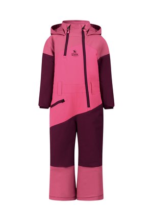 Combinaison de neige une pièce pour enfant avec capuche, avec des blocs de couleur rose et violet foncé et fermeture éclair frontale avec poche poitrine.