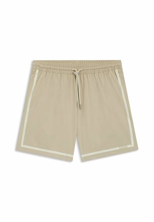 Beige heren zwemshorts met elastische tailleband, trekkoord, witte biezen langs de randen en een klein "BOSS"-logo op de linkeronderzoom.