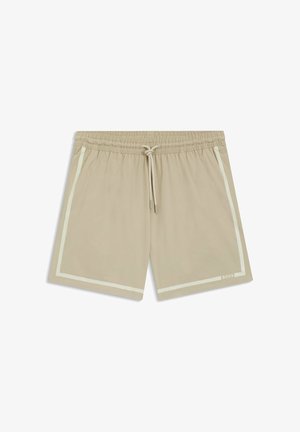 Beige heren zwemshorts met elastische tailleband, trekkoord, witte biezen langs de randen en een klein "BOSS"-logo op de linkeronderzoom.