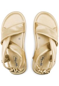 Gold metallic sandals with crisscross straps and a smooth texture. Size 37 marked inside, featuring a cushioned footbed for comfort.