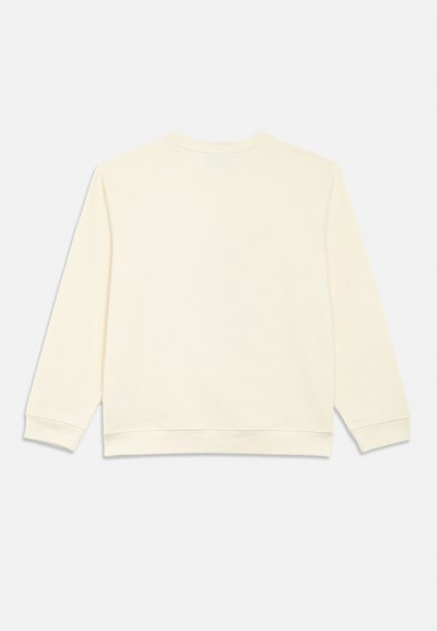 Kremfarvet langærmet sweatshirt med rund halsudskæring, ribbet ved ærmekanter og kant, vist fladt bagfra på hvid baggrund.