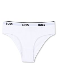 Bela bombažna tangica z črnim elastičnim pasom, na katerem je večkrat ponovljena znamka "BOSS". Gladek tekstura in nizka pasovna zasnova za udobje.