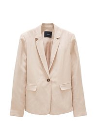 Beige blazer with a single button closure, notched lapels, and two front pockets. Smooth texture and structured fit. Lined interior.