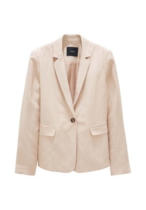 Beige Blazer mit einem Ein-Knopf-Verschluss, Reverskragen und zwei vorderen Taschen. Glatte Textur und strukturierte Passform. Gefüttertes Innenfutter.