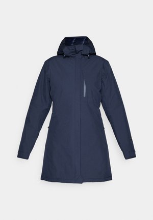 Merinen vesitiivis takki, jossa on korkea kaulus, säädettävä huppu, pitkät hihat ja kaksi sivutaskua. Ominaisuuksiin kuuluu tyylikäs, minimalistinen muotoilu.