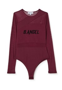 Body de manga larga burdeos con detalles de malla transparente, con "B.ANGEL" bordado en negro en el pecho. Tela suave, diseño ajustado.