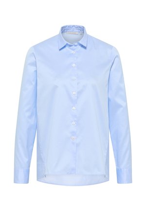 Hellblaue Langarmbluse mit einem Button-Down-Kragen, Vorderknöpfen und seitlichen Schlitzen. Aus glattem Stoff mit einem klassischen Design.