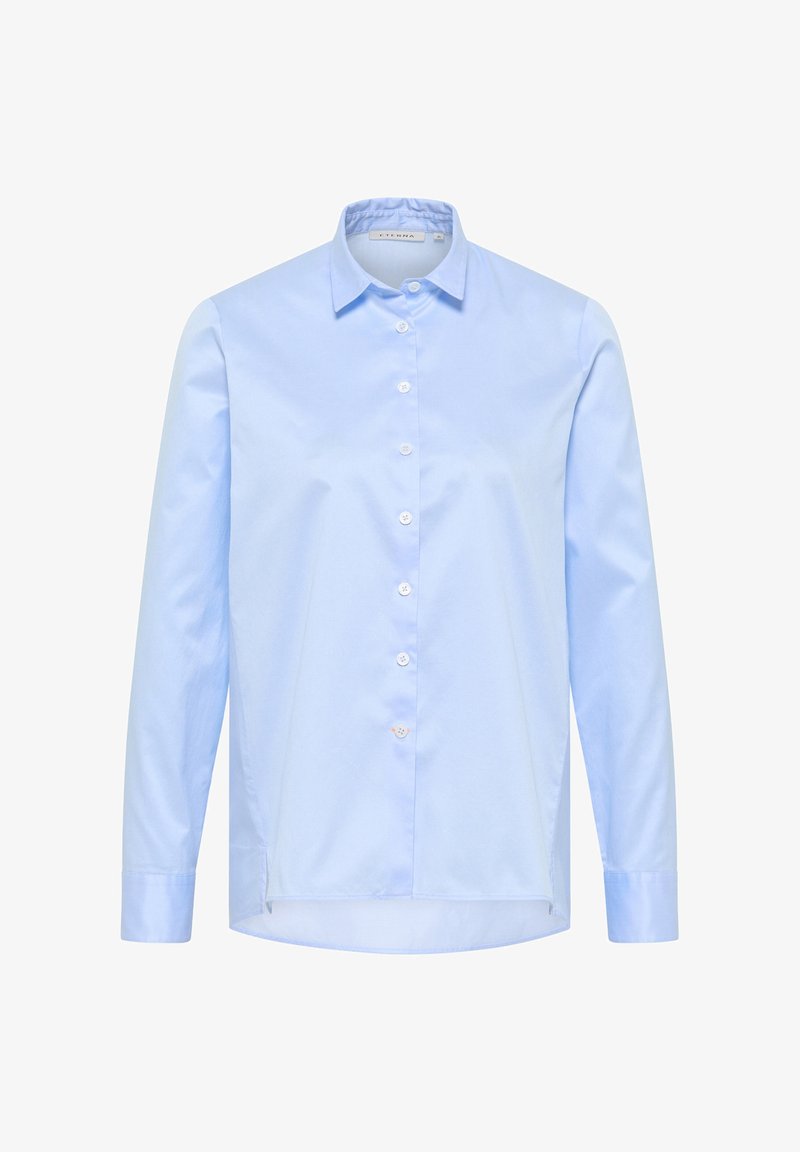 Light blue long-sleeve shirt with a button-down collar, front buttons, and side slits. Made of smooth fabric with a classic design.