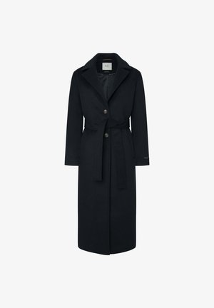 Long manteau noir en laine avec un col cranté, deux boutons à l'avant et une ceinture nouée à la taille. Texture lisse avec une coupe ajustée.