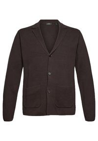 Brauner Strickcardigan mit einem Schalkragen, ausgestattet mit zwei Fronttaschen, drei Knöpfen und einem strukturierten Stoff.