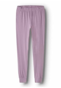 Lilla joggerbukser med elastisk talje og ankelmanchetter, lavet af blødt, letvægtigt stof, vist mod en hvid baggrund.