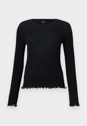 Must kuldpruunaga sooniline jõhvikamust kampsun, ümmarguse kaelusega ja leheääristega varrukatel ning allääres.