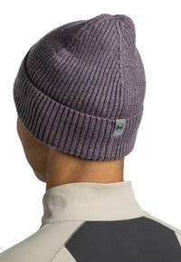 Purple knitted beanie with ribbed texture and seamless crown. Features a small gray logo tag at the back. Suitable for casual or outdoor wear.