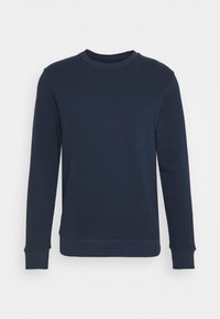 Felpa in cotone blu navy con maniche lunghe, collo a girocollo a coste e polsini. Texture liscia con un colore uniforme e un design a vestibilità rilassata.