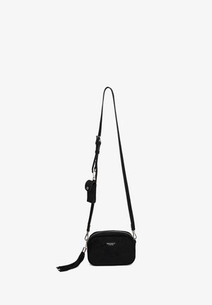 Black crossbody bag with adjustable strap, small attached pouch, tassel detail, and silver zipper, branded "DIANA&CO Firenze."