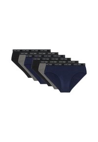 Vijf paar herenonderbroeken in marineblauw, zwart en grijs. Gemaakt van zachte stof met een merk-elastische tailleband. Klassiek onderbroekenontwerp.
