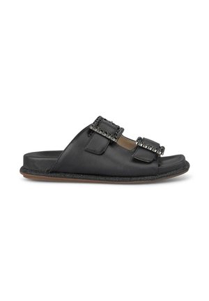 Sandales à glissière en cuir noir avec deux lanières à boucles, ornées d'accents décoratifs, un bout ouvert arrondi et une semelle texturée.
