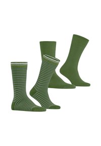 Drei Paar grüne Socken: zwei einfarbige grüne und eine mit grünen und grauen Streifen, alle mit glatter Textur und gerippten Bündchen.