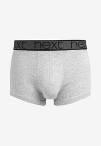 Shorts boxers en coton gris avec une taille élastique noire présentant un motif répété de texte "next". Le design comprend une poche avant pour le soutien.