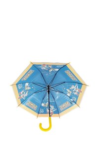 Blue umbrella with Sonic the Hedgehog design, featuring yellow hook handle, black ribs, and a shiny texture on the canopy.
