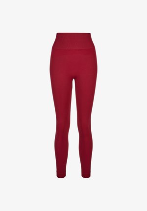 Leggings rosse a vita alta senza cuciture con tessuto strutturato, progettate per una vestibilità aderente e una copertura alla caviglia.