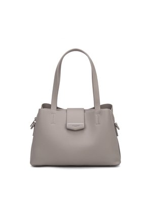 Sac à main en cuir taupe avec doubles poignées, finition texturée et fermeture à rabat avant avec un détail de logo subtil.