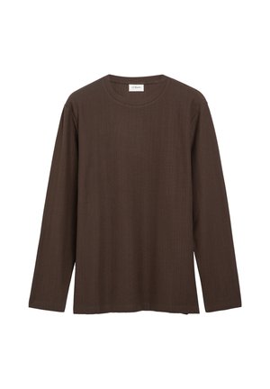 Donkerbruine longsleeve met ronde hals, geribde textuur en een klein label aan de binnenkant van de achterkant van de kraag.