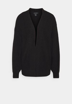 Cardigan noir en maille avec ouverture sur le devant, poignets et ourlet côtelés, présentant un motif texturé et des manches longues.