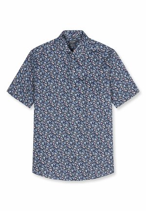 Marineblaues Kurzarmhemd mit einem dichten Muster aus kleinen blauen, rosa und weißen Blumen und einem klassischen Kragen.