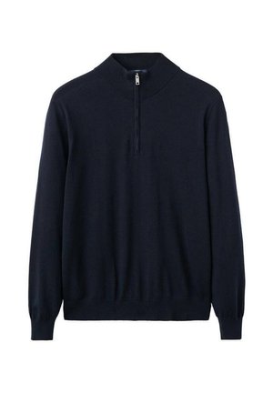 Granatowy, ciemny, długorękawowy sweter z połowicznym suwakiem i prążkowanym kołnierzem, mankietami oraz dołem, przedstawiony na białym tle.