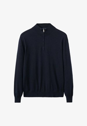 Granatowy, ciemny, długorękawowy sweter z połowicznym suwakiem i prążkowanym kołnierzem, mankietami oraz dołem, przedstawiony na białym tle.