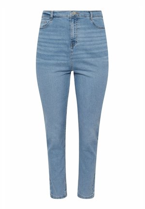 Light blue high-waisted jeans with a slim fit, featuring five pockets, belt loops, and a single button closure at the waistband.