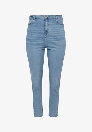 Helle blaue hochgeschnittene Jeans mit slim fit, ausgestattet mit fünf Taschen, Gürtelschlaufen und einem einzelnen Knopfverschluss am Bund.