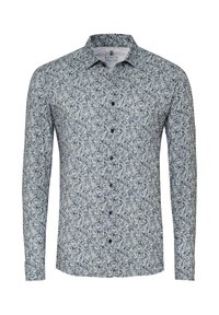 Langärmliges Hemd in Hellblau mit einem Blattmuster. Aus Baumwolle gefertigt, verfügt es über eine Knopfverschlus und einen spitzen Kragen.