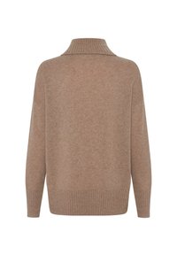 Fetter Strickpullover in Hellbraun, mit einem hohen Kragen und gerippten Bündchen und Saum für zusätzliche Textur. Lässige Passform mit überschnittenen Schultern.