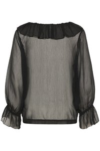 Blusa nera trasparente con scollo arricciato, maniche lunghe a sbuffo e polsini elasticizzati, realizzata in un tessuto leggero e strutturato.
