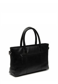 Borsa a mano nera in pelle con due manici, una tasca con zip sul retro e cuciture visibili. Forma rettangolare con texture liscia.