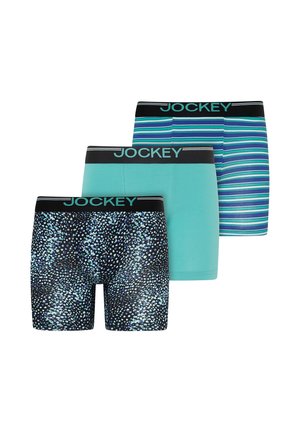 Drei Paar Jockey Herrenboxershorts in Blautönen: schwarz mit blauen Punkten, einfarbig türkis und blau gestreift, alle mit schwarzen Bund.